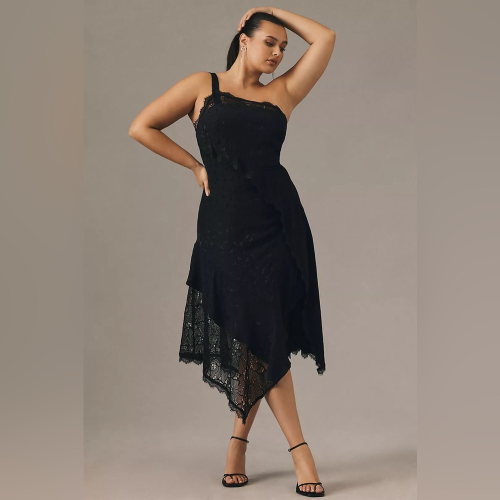 Anthropologie Black Asymmetrical Lace Midi Dress